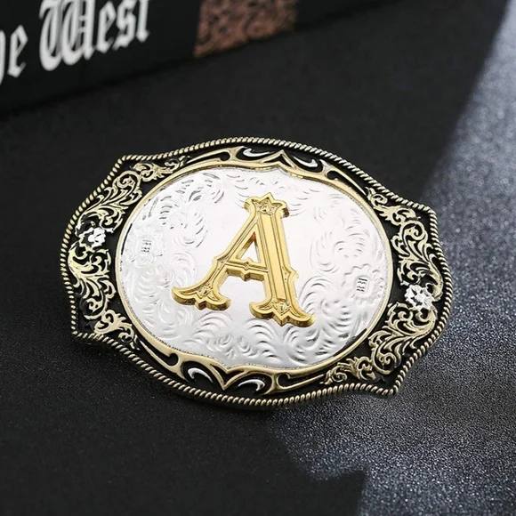 Letter A initial silver and gold belt buckle fits 1.5 belt.  A - Z usually avail Initial Belt Buckles * A to Z * Western Style * Silver  main image 3
